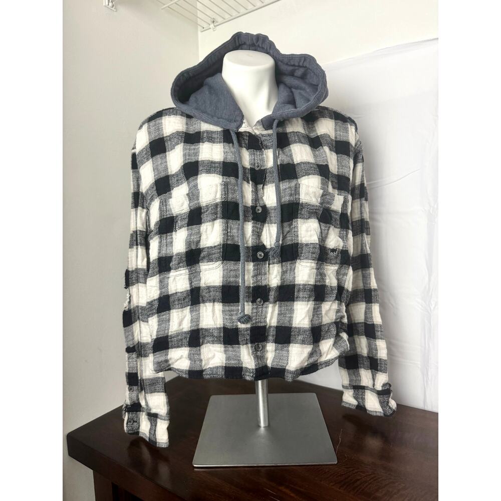 American Eagle Y2K Cropped, Hooded Distressed Flannel Top XL